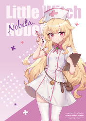 Rule 34 | 1girl, ahoge, arm up, blonde hair, character name, clipboard, copyright name, dress, hat, highres, little witch nobeta, long hair, mechanical pencil, nobeta, nurse, nurse cap, official art, oopartz yang, pencil, pink dress, pink hat, red eyes, short dress, short sleeves, smile, solo, thighhighs, thighs, white thighhighs