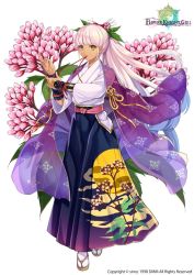 Rule 34 | 1girl, blue hakama, city forest online, coat, flower, flower knight girl, fujibakama (flower knight girl), full body, hair flower, hair ornament, hakama, hakama skirt, jacket, jacket on shoulders, japanese clothes, kimono, long hair, looking at viewer, mouth hold, name connection, object namesake, official art, pink hair, print hakama, sandals, see-through, skirt, solo, standing, tan, white background, yellow eyes