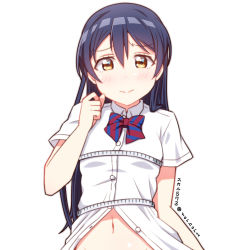Rule 34 | 1girl, blue hair, blush, bust measuring, commentary request, embarrassed, hair between eyes, long hair, looking at viewer, love live!, love live! school idol project, measuring, navel, simple background, skull573, solo, sonoda umi, tape measure, upper body, white background, yellow eyes