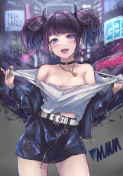 Rule 34 | 1girl, bare shoulders, belt, belt buckle, black choker, black jacket, black skirt, blue nails, blush, breasts, buckle, choker, city, collarbone, cowboy shot, diagonal bangs, earrings, enporion, exhibitionism, fingernails, highres, hoop earrings, idolmaster, idolmaster shiny colors, jacket, jewelry, long hair, long sleeves, looking at viewer, miniskirt, nail polish, necklace, no bra, off shoulder, open clothes, open jacket, open mouth, outdoors, public indecency, purple eyes, purple hair, shirt, sidelocks, skirt, small breasts, smile, solo, tanaka mamimi, torn clothes, torn shirt, twintails, undressing, white shirt, zipper, zipper pull tab