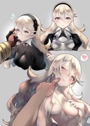 Rule 34 | 1girl, armor, black gloves, black hairband, blush, breasts, brown gloves, cheek poking, closed mouth, corrin (female) (fire emblem), corrin (fire emblem), fire emblem, fire emblem fates, fire emblem heroes, gloves, grey background, hairband, heart, kiran (fire emblem), kiran (male) (fire emblem), long hair, medium breasts, negiwo, nintendo, nipples, one eye closed, parted lips, pointy ears, poking, red eyes, simple background, spoken heart, twitter username, white hair