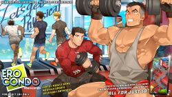 Rule 34 | 6+boys, absurdres, armpit stubble, ass, bara, bare pectorals, bulge, buzz (ero condo), character request, clenched hand, cowboy shot, dark-skinned male, dark skin, dumbbell, ero condo, exercising, facial hair, gradient hair, gym, headband, highres, kienbiu, large pectorals, leggings under shorts, male focus, micro shorts, multicolored hair, multiple boys, muscular, muscular male, navel, nipples, paid reward available, pectorals, promotional art, running, short hair, shorts, sideburns stubble, sparse stubble, standing, stubble, sweat, thick thighs, thighs, treadmill, veiny face, weightlifting