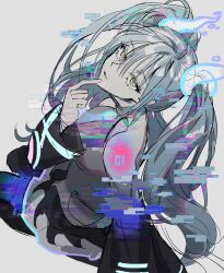 Rule 34 | 1girl, aqua hair, black thighhighs, commentary, creatures (company), detached sleeves, game freak, ghost, ghost miku (project voltage), glitch, grey shirt, hair between eyes, hand on own chin, hatsune miku, highres, long hair, looking at viewer, multicolored eyes, necktie, nintendo, pokemon, project voltage, shioshishio, shirt, simple background, skirt, solo, thighhighs, twintails, very long hair, vocaloid, will-o&#039;-the-wisp (mythology)