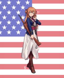 Rule 34 | absurdres, american flag, american flag background, american flag print, ammunition, blue shirt, blush, bolt action, boots, breasts, brown footwear, brown hair, clip (weapon), clothes lift, collared dress, collared shirt, commentary, dress, dress lift, english commentary, flag print, full body, girls&#039; frontline, green eyes, gun, hair between eyes, hair ribbon, hair rings, hand in own hair, hand up, heart, highres, hilt, large breasts, long hair, long sleeves, looking at viewer, m1903 springfield, open clothes, open mouth, open shirt, ostwindprojekt, red ribbon, ribbon, rifle, rifle cartridge, shirt, sling (weapon), smile, springfield (girls&#039; frontline), thigh boots, two side up, weapon, white dress