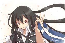 Rule 34 | 1girl, akai akasaki, black hair, black jacket, blazer, blue headband, commentary request, hair between eyes, hatsushimo (kancolle), hatsushimo kai ni (kancolle), headband, unworn headband, holding, jacket, jewelry, kantai collection, long hair, looking at viewer, open mouth, petals, red eyes, ring, school uniform, shirt, simple background, sleeves rolled up, solo, twitter username, white shirt