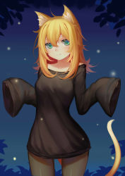 Rule 34 | 1girl, animal ears, aqua eyes, black pantyhose, blonde hair, blue background, blush, cat ears, cat tail, closed mouth, collarbone, comic, cowboy shot, fireflies, highres, long hair, long sleeves, looking at viewer, messy hair, night, original, outstretched hand, pantyhose, shrugging, sleeves past wrists, smile, solo, sonikey0 0, tail, thigh gap, wide hips, wide sleeves