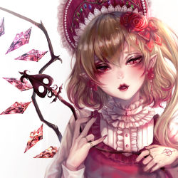 Rule 34 | 1girl, absurdres, adapted costume, blonde hair, blush, bow, brooch, buttons, colored tips, crystal, earrings, eyebrows, eyelashes, eyeshadow, fangs, flandre scarlet, flower, food, frilled shirt, frilled shirt collar, frilled vest, frills, fruit, gem, hair between eyes, hair bow, hair flower, hair ornament, hand tattoo, hands up, highres, holding, huge filesize, jewelry, kokoshnik, kyogoku-uru, lace, lace-trimmed headwear, lace trim, laevatein, lips, lipstick, lolita fashion, long sleeves, makeup, medium hair, multicolored hair, nail art, nail polish, one side up, open mouth, pear, pointy ears, red bow, red eyes, red hair, red lips, red nails, red vest, ring, rose, shirt, simple background, slit pupils, solo, sparks, tagme, tattoo, touhou, two-tone hair, upper body, vest, white background, wings