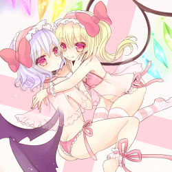 Rule 34 | 2girls, 515m, ankle cuffs, arms around neck, blonde hair, blue hair, blush, bow, butt crack, capelet, female focus, flandre scarlet, hand on another&#039;s cheek, hand on another&#039;s face, headdress, highres, multiple girls, no bra, panties, red eyes, remilia scarlet, see-through, siblings, side-tie panties, sisters, sitting, smile, striped clothes, striped legwear, striped thighhighs, thighhighs, touhou, underwear, wings, wrist cuffs, yuri