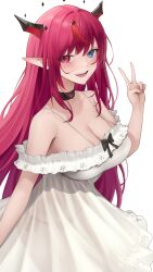 Rule 34 | 1girl, absurdres, black choker, black panties, blue eyes, breasts, choker, cleavage, dress, heterochromia, highres, hololive, hololive english, horns, irys (casualrys) (hololive), irys (hololive), lace trim, large breasts, looking at viewer, official alternate costume, open mouth, panties, pointy ears, purple hair, red eyes, red hair, see-through, simple background, smile, solo, somebody (leiking00), underwear, v, virtual youtuber, white background, white dress