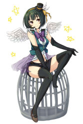 Rule 34 | 1girl, angel wings, belt, birdcage, black thighhighs, bow, brown eyes, cage, courreges ace, elbow gloves, face, frills, full body, gloves, green hair, hairband, hat, headset, idolmaster, idolmaster (classic), legs, mini hat, mini top hat, mole, mole under mouth, otonashi kotori, shoes, short hair, simple background, single shoe, sitting, smile, solo, star (symbol), thighhighs, top hat, wings