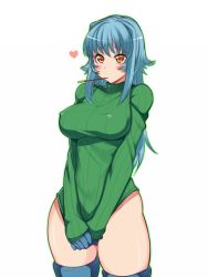 Rule 34 | 1girl, blue hair, blush, bottomless, breasts, brown eyes, clothes tug, covered erect nipples, food, gloves, heart, large breasts, long hair, mouth hold, original, pocky, pocky day, ribbed sweater, solo, sweater, sweater tug, thighhighs, thighs, utako623