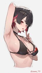 Rule 34 | 1girl, alternate costume, arm up, armpits, bikini, black bikini, black choker, black hair, blush, breasts, choker, colored inner hair, ear piercing, ellen joe, highres, large breasts, looking at viewer, multicolored hair, nail polish, open mouth, piercing, red eyes, red hair, red nails, short hair, solo, sooon, swimsuit, teeth, two-tone hair, upper body, upper teeth only, white background, zenless zone zero