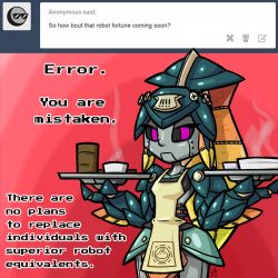 Rule 34 | 1girl, black sclera, cellsai, colored sclera, commentary, english text, fish girl, lowres, mechanization, minette (skullgirls), pink eyes, robot, skullgirls, solo, tray, tumblr, waitress