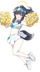 Rule 34 | 1girl, animal ears, arms up, bare shoulders, black hair, blue archive, blush, breasts, cheerleader, clothes writing, crop top, dog ears, dog girl, dog tail, eyewear on head, full body, hibiki (blue archive), hibiki (cheer squad) (blue archive), highres, holding, holding pom poms, long hair, looking at viewer, midriff, millennium cheerleader outfit (blue archive), miniskirt, navel, official alternate costume, open mouth, p03145, pleated skirt, pom pom (cheerleading), pom poms, ponytail, shirt, shoes, simple background, skirt, sleeveless, small breasts, sneakers, solo, star sticker, sunglasses, tail, text print, white background, white footwear, white skirt