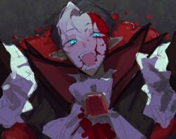 Rule 34 | 1boy, apex legends, black hair, black jacket, blood, blood on face, blue eyes, crypto (apex legends), deadly byte crypto, fangs, four have., jacket, lying, male focus, multicolored hair, official alternate costume, on ground, open mouth, pointy ears, pool of blood, portrait, shirt, sketch, smile, solo, streaked hair, white hair, white shirt