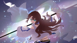 Rule 34 | 1girl, :d, ahoge, arknights, belt, brown hair, floating hair, green eyes, highres, holding, holding staff, lens flare, long hair, long sleeves, looking at viewer, myrtle (arknights), open mouth, smile, solo, staff, standing, upper body, wasabi60, wide sleeves