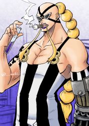 Rule 34 | 1boy, alternate universe, arm tattoo, artist request, bald, bare shoulders, blonde hair, cigar, cyborg, erlenmeyer flask, flask, goggles, highres, lipstick, long hair, makeup, one piece, ponytail, purple lips, queen (one piece), scientist, sketch, smoking, solo, source request, tattoo, very long hair