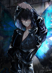 Rule 34 | 1boy, absurdres, antinese, black hair, black jacket, blood, blood on face, blue eyes, butterfly wings, drawstring, evil smile, fate/grand order, fate (series), hair between eyes, hand in pocket, highres, hood, hood up, hooded jacket, insect wings, jacket, long sleeves, male focus, oberon (fate), oberon (moody summer oberon) (fate), oberon (third ascension) (fate), partially unzipped, smile, solo, wings