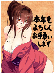 Rule 34 | 1girl, 846-gou, absurdres, bad id, bad pixiv id, bare shoulders, blush, breasts, brown eyes, brown hair, cleavage, glasses, hair ornament, hairclip, highres, japanese clothes, kimono, large breasts, long hair, looking at viewer, matching hair/eyes, md5 mismatch, obi, off shoulder, open mouth, original, ponytail, resolution mismatch, sash, semi-rimless eyewear, solo, under-rim eyewear