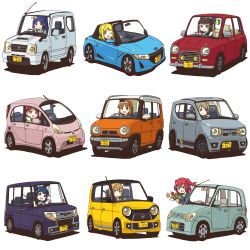 Rule 34 | 10s, 6+girls, absurdres, black hair, car, convertible, daihatsu, daihatsu mira gino, daihatsu tanto custom, driving, groceries, highres, honda, honda n-one, honda s660, kunikida hanamaru, kurosawa dia, kurosawa ruby, license plate, long hair, love live!, love live! sunshine!!, matsuura kanan, mitsubishi i, mitsubishi motors, motor vehicle, multiple girls, ohara mari, orange hair, rainforce, red hair, right hand drive, sakurauchi riko, seatbelt, short hair, shoshinsha mark, simple background, sports utility vehicle, suzuki, suzuki alto, suzuki alto works, suzuki hustler, suzuki jimny, takami chika, tsushima yoshiko, v over eye, vehicle focus, watanabe you, waving, white background