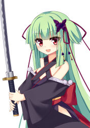 Rule 34 | 1girl, :d, absurdres, back bow, bare shoulders, black kimono, blunt bangs, blunt ends, blush, bow, butterfly hair ornament, chinese commentary, commentary, cowboy shot, criss-cross halter, eyes visible through hair, green hair, hair ornament, hair ribbon, halterneck, highres, hip vent, holding, holding sword, holding weapon, japanese clothes, katana, kimono, long hair, long ribbon, long sleeves, murasame (senren), open mouth, pom pom (clothes), red bow, red eyes, red ribbon, ribbon, senren banka, shu pian, sidelocks, simple background, smile, solo, straight hair, sword, tsurime, two side up, very long hair, weapon, white background, wide sleeves