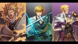 Rule 34 | 3boys, asymmetrical gloves, belt, blonde hair, blue eyes, blue gloves, brown background, brown hair, daryl (guilty gear), dual wielding, fingerless gloves, food, fur collar, gloves, grey background, guilty gear, guilty gear strive, hair over one eye, heterochromia, highres, holding, holding sword, holding weapon, huge weapon, jacket, jacket on shoulders, ky kiske, leo whitefang, letterboxed, male focus, mismatched gloves, multiple belts, multiple boys, official art, open mouth, pectorals, pudding, purple background, red eyes, sawada hideaki, second-party source, sharp teeth, short hair, shouting, spiked hair, sword, teeth, weapon