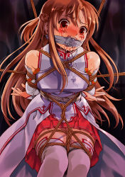 Rule 34 | 10s, 1girl, arms behind back, asuna (sao), bare shoulders, bdsm, blush, bondage, bound, braid, brown eyes, brown hair, captured, cleave gag, cloth gag, crying, detached sleeves, gag, gagged, improvised gag, long hair, looking at viewer, open mouth, pizza man, restrained, rope, saliva, shibari, shibari over clothes, skirt, solo, struggling, sword art online, tears, thighhighs, white thighhighs