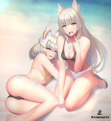 Rule 34 | 2girls, absurdres, animal ears, artist name, ass, bikini, cat ears, chest jewel, fang, grey hair, highres, long hair, looking at viewer, lying, mio (xenoblade), mismatched bikini, mother and daughter, multiple girls, nia (xenoblade), on side, open mouth, sandals, seiza, short hair, sitting, swimsuit, xenoblade chronicles (series), xenoblade chronicles 2, xenoblade chronicles 3, yellow eyes, zambonito