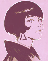 Rule 34 | 1girl, black hair, close-up, earrings, from side, highres, ilya kuvshinov, jewelry, looking at viewer, monochrome, original, portrait, profile, purple background, short hair, solo