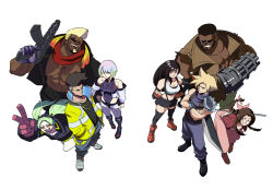 Rule 34 | 4boys, 4girls, :d, absurdres, aerith gainsborough, bare shoulders, barret wallace, black hair, blonde hair, breasts, brown hair, cleavage, cloud strife, colored sclera, comparison, crossed arms, crossover, cyberpunk (series), cyberpunk edgerunners, dark-skinned male, dark skin, david martinez, facial hair, final fantasy, final fantasy vii, green hair, grin, hands in pockets, highres, lucy (cyberpunk), multiple boys, multiple girls, open mouth, rebecca (cyberpunk), red sclera, simple background, smile, sunglasses, tifa lockhart, tina fate, twintails, white background