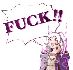 Rule 34 | 1girl, ailheim, black jacket, blush stickers, breasts, commentary, fire emblem, fire emblem awakening, grey shirt, grima (fire emblem), highres, jacket, large breasts, long hair, nintendo, open clothes, open jacket, profanity, red eyes, robin (female) (fire emblem), robin (fire emblem), shirt, simple background, solo, speech bubble, twintails, upper body, white background, white hair
