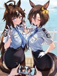 Rule 34 | 2girls, :&lt;, air groove (umamusume), balcony, belt, blue necktie, breasts, brown hair, cosplay, duramente (umamusume), gloves, hand on own hip, highres, island, large breasts, long hair, looking at viewer, multiple girls, necktie, ocean, one eye closed, open mouth, pantyhose, phone, police, police uniform, policewoman, shirokuma a, short hair, taiho shichauzo, thighhighs, umamusume, uniform, v, white gloves