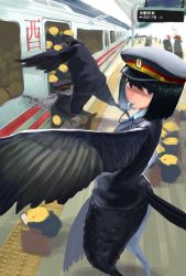 Rule 34 | 1girl, bird, black hair, cellphone, chick, chicken, crow, feathers, formal, furry, harpy, hat, monster girl, necktie, original, owl, phone, suit, tail, train, train conductor, unizou, whistle