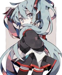 Rule 34 | 1girl, aqua hair, black skirt, black sleeves, black thighhighs, closed mouth, cowboy shot, grey eyes, hair between eyes, hair in own mouth, hair ornament, hands up, hatsune miku, headphones, highres, lace, lace-trimmed shirt, lace trim, long sleeves, looking at viewer, shirt, skirt, solo, soresaki, thighhighs, twintails, vocaloid, white shirt