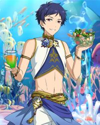 Rule 34 | 1boy, air bubble, bare shoulders, blue hair, bowl, bracelet, bubble, coral, cowboy shot, cup, dark blue hair, drinking glass, ensemble stars!, fingernails, fish, fushimi yuzuru, happy elements, holding, holding bowl, holding cup, jewelry, looking at viewer, male focus, mole, mole under eye, navel, official art, purple eyes, salad, shell, short bangs, short hair, sleeveless, smile, solo, stomach, teeth, third-party source