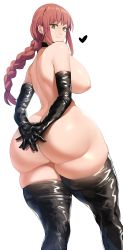 Rule 34 | 1girl, absurdres, arms behind back, ass, braid, braided ponytail, breasts, chainsaw man, choker, curvy, elbow gloves, feet out of frame, from behind, from below, functionally nude, gloves, gluteal fold, heart, highres, huge ass, huge breasts, long hair, looking at viewer, makima (chainsaw man), nipples, ponytail, puffy areolae, red hair, shiny clothes, shiny skin, sidelocks, sinensian, skindentation, smile, solo, standing, thick thighs, thighhighs, thighs, white background, wide hips, yellow eyes