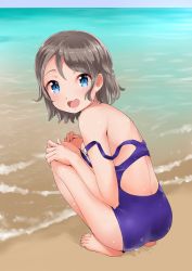 Rule 34 | 10s, 1girl, ass, back, barefoot, beach, blue eyes, blue one-piece swimsuit, blue sky, blush, brown hair, clothes pull, competition swimsuit, day, from behind, highres, looking at viewer, looking back, love live!, love live! sunshine!!, ocean, off shoulder, one-piece swimsuit, one-piece swimsuit pull, open mouth, outdoors, purple one-piece swimsuit, rin2008, sand, short hair, sky, smile, solo, squatting, strap slip, swimsuit, watanabe you, water, wet