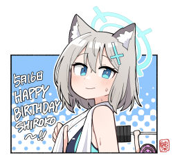 Rule 34 | 1girl, animal ear fluff, animal ears, barbell, birthday, blue archive, blue eyes, cat ears, character name, commentary request, cross hair ornament, dated, exercising, grey hair, hair ornament, halo, happy birthday, junsuina fujunbutsu, looking at viewer, shiroko (blue archive), signature, smile, sweat, towel, towel around neck, upper body, weightlifting, weights, white towel