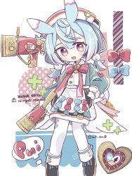 Rule 34 | 1girl, :d, air (air en0), animal ears, apron, aqua shirt, artist name, black footwear, black skirt, blue bow, blue hair, blush, blush stickers, boots, bow, bowtie, brooch, buttons, gameplay mechanics, genshin impact, gloves, gradient hair, gun, hair between eyes, hair ornament, handgun, hashtag-only commentary, hat, healing, heart, heart in eye, highres, holding, holding gun, holding weapon, jewelry, long sleeves, looking at viewer, low twintails, medium hair, multicolored hair, nurse cap, open mouth, pantyhose, polka dot, pom pom (clothes), pom pom hair ornament, puffy long sleeves, puffy sleeves, purple hair, red bow, red bowtie, red eyes, shirt, short twintails, sidelocks, sigewinne (genshin impact), simple background, skirt, smile, solo, speech bubble, symbol in eye, twintails, twitter username, watermark, weapon, white apron, white background, white gloves, white hat, white pantyhose