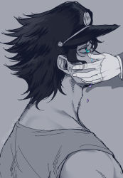 Rule 34 | 2boys, absurdres, artist name, black hair, blue eyes, colored tears, crying, crying with eyes open, empty eyes, from side, ghost, grey background, hand on another&#039;s face, hat, highres, jojo no kimyou na bouken, kakyoin noriaki, kuujou joutarou, limited palette, long sleeves, looking up, male focus, multiple boys, muscular, muscular male, ookamimiru, short hair, sideways mouth, simple background, sleeveless, spoilers, stardust crusaders, tank top, tears, transparent, twitter username, wiping tears