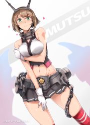 Rule 34 | 10s, 1girl, artist name, bare shoulders, blush, breasts, brown hair, chain, character name, gloves, green eyes, hairband, halcon, headband, headgear, heart, highres, kantai collection, large breasts, looking at viewer, midriff, miniskirt, mutsu (kancolle), navel, pleated skirt, short hair, skirt, smile, solo, thighhighs, white gloves