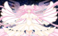 Rule 34 | 10s, 1girl, closed eyes, dress, gloves, highres, kaname madoka, light smile, long hair, mahou shoujo madoka magica, mahou shoujo madoka magica (anime), outstretched arms, pink hair, shima-shuu, solo, space, sparkle, spoilers, spread arms, twintails, two side up, ultimate madoka, white dress, white gloves, wings