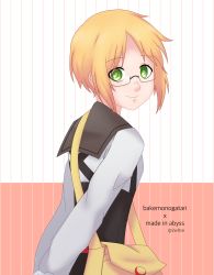 Rule 34 | 1girl, 2w0se, absurdres, artist name, bakemonogatari, blonde hair, cosplay, english text, forehead, glasses, green eyes, highres, made in abyss, monogatari (series), nanahyakuichi middle school uniform, riko (made in abyss), rimless eyewear, school uniform, semi-rimless eyewear, sengoku nadeko, sengoku nadeko (cosplay), short hair, simple background, solo