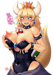 Rule 34 | 1girl, bare shoulders, between breasts, black leotard, blonde hair, blue eyes, blue nails, bowsette, bracelet, breasts, collar, crown, earrings, eyebrows, hassen (8cm), horns, huge nipples, jewelry, large areolae, large breasts, leotard, mario (series), nail polish, new super mario bros. u deluxe, nintendo, nipples, open mouth, ponytail, ring, signature, simple background, solo, spiked bracelet, spiked collar, spikes, super crown, tail, teeth, tongue, tongue out, white background