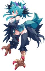Rule 34 | 1girl, animal ears, bare shoulders, black wings, blouse, blush, bottomless, bow, breasts, claws, commentary request, fang, feathered wings, framed breasts, full body, fur, green hair, green shirt, groin, hair between eyes, hair bow, harpy, head tilt, highres, karukan (monjya), long hair, looking at viewer, monster girl, morgan (shinrabanshou), navel, open mouth, purple bow, red eyes, shinrabanshou, shirt, sidelocks, simple background, small breasts, solo, talons, v-shaped eyebrows, white background, winged arms, wings