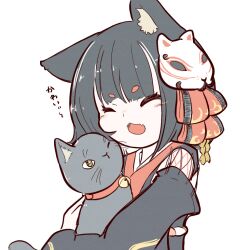 Rule 34 | 1girl, :d, ^ ^, animal, animal ear fluff, animal ears, animal hug, azur lane, bell, black hair, black kimono, blush stickers, cat, closed eyes, cross-laced clothes, cross-laced sleeves, happy, himajin (fd jin), hug, japanese clothes, jingle bell, kimono, long sleeves, mask, mask on head, mismatched eyebrows, neck bell, open mouth, red ribbon, ribbon, rope, short hair, simple background, smile, solo, upper body, white background, yamashiro (azur lane)