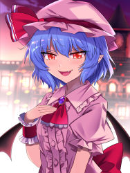 Rule 34 | 1girl, :d, absurdres, blue hair, center frills, collared dress, commentary request, demon wings, dress, e.o., evening, fang, frills, hair between eyes, hand on own chest, hand up, hat, hat ribbon, highres, light purple hair, looking at viewer, mob cap, open mouth, outdoors, pink dress, pink hat, pointy ears, purple hair, red eyes, red ribbon, remilia scarlet, ribbon, scarlet devil mansion, short hair, slit pupils, smile, smug, solo, touhou, vampire, wings