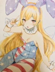 Rule 34 | 1girl, adapted costume, american flag, american flag legwear, american flag print, animal ears, bare arms, bare shoulders, blonde hair, blue pantyhose, blush, breasts, clownpiece, commentary request, cowboy shot, fairy wings, fake animal ears, flag print, grey background, hairband, hand up, highres, leotard, long hair, looking at viewer, marota, neck ruff, open mouth, pantyhose, playboy bunny, polka dot, purple hairband, rabbit ears, red eyes, red pantyhose, sitting, small breasts, solo, star-shaped pupils, star (symbol), star print, strapless, strapless leotard, striped clothes, striped pantyhose, symbol-shaped pupils, thighs, touhou, traditional media, very long hair, w, white pantyhose, wings, wrist cuffs