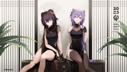 Rule 34 | 2girls, alternate costume, artist name, azur lane, bare legs, black dress, black gloves, black hair, black thighhighs, bracelet, breasts, chinese clothes, chinese zodiac, cleavage, closed mouth, cone hair bun, dress, earrings, feet out of frame, flower, genshin impact, gloves, hair bun, hair flower, hair ornament, happy new year, heitian keji, highres, hu tao (genshin impact), jewelry, keqing (genshin impact), long hair, looking at viewer, medium breasts, monarch (azur lane), monarch (black gerard) (azur lane), multiple girls, new year, parted lips, pelvic curtain, pink eyes, purple hair, red eyes, red flower, ring, short sleeves, single glove, sitting, sleeveless, sleeveless dress, thighhighs, thighlet, twintails, very long hair, year of the rabbit