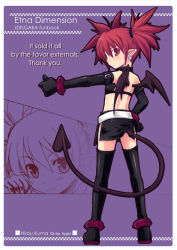 Rule 34 | 1girl, artbook, ayami chiha, bat wings, black gloves, black thighhighs, blush, demon girl, demon tail, disgaea, earrings, elbow gloves, english text, engrish text, etna (disgaea), exif thumbnail surprise, gloves, jewelry, makai senki disgaea 2, midriff, miniskirt, outstretched arm, pointy ears, profile, purple background, ranguage, red eyes, red hair, short hair, shorts, skirt, solo, standing, tail, thighhighs, thumbs down, twintails, wings, zettai ryouiki